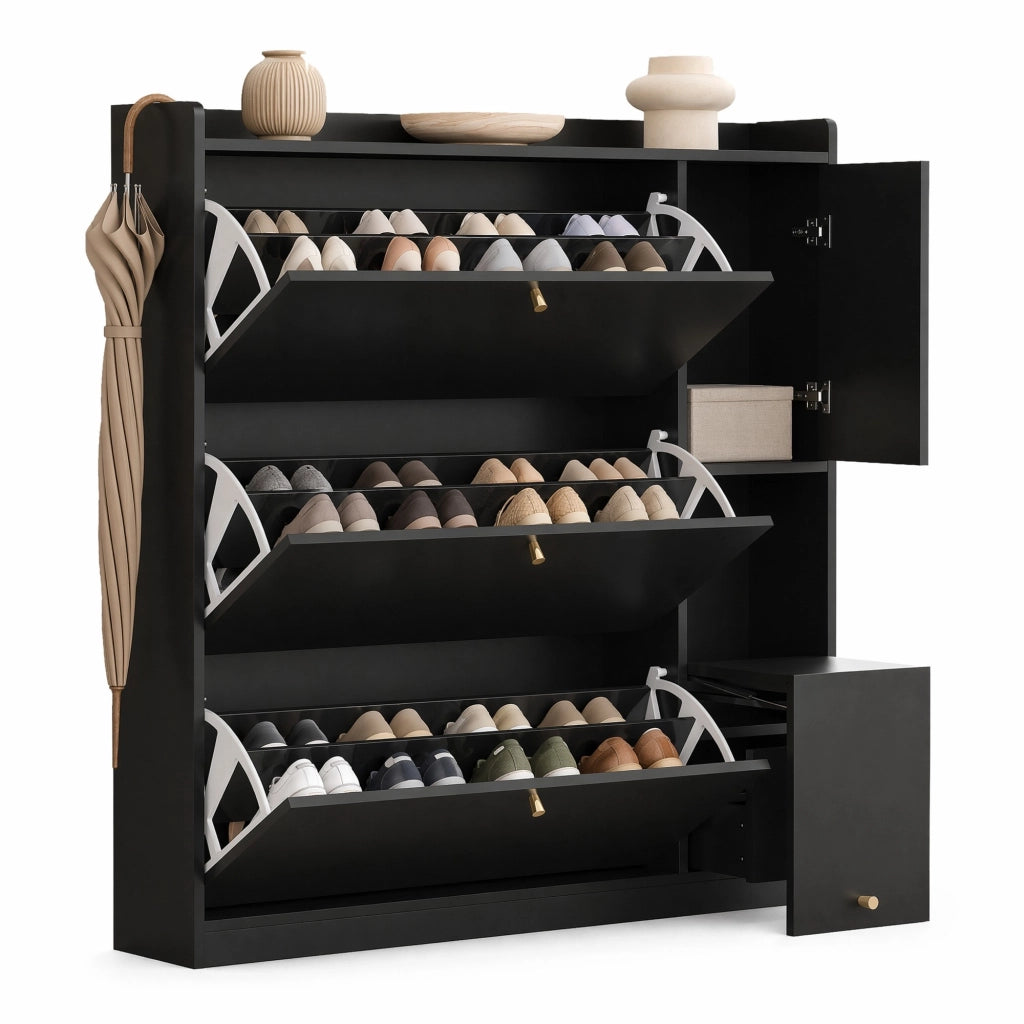 Scarpiera moderna con 3 ante a ribalta, cassetto e panca ribaltabile, colore nero, 119 x 24 x 122 cm