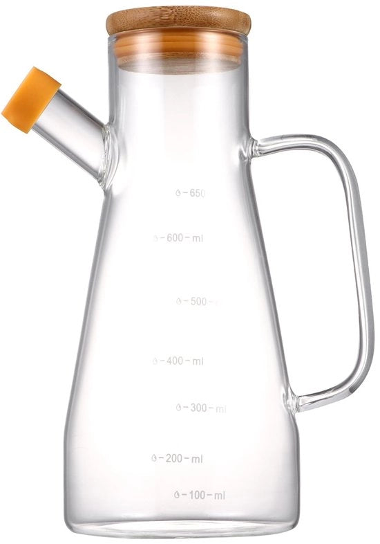 Dispensatore di Olio 500ml - Dispensatore in Vetro - Dispensatore di Olio di Oliva - Accessorio Cucina - Coperchio in Legno - Transparente - Dispensatore di Olio