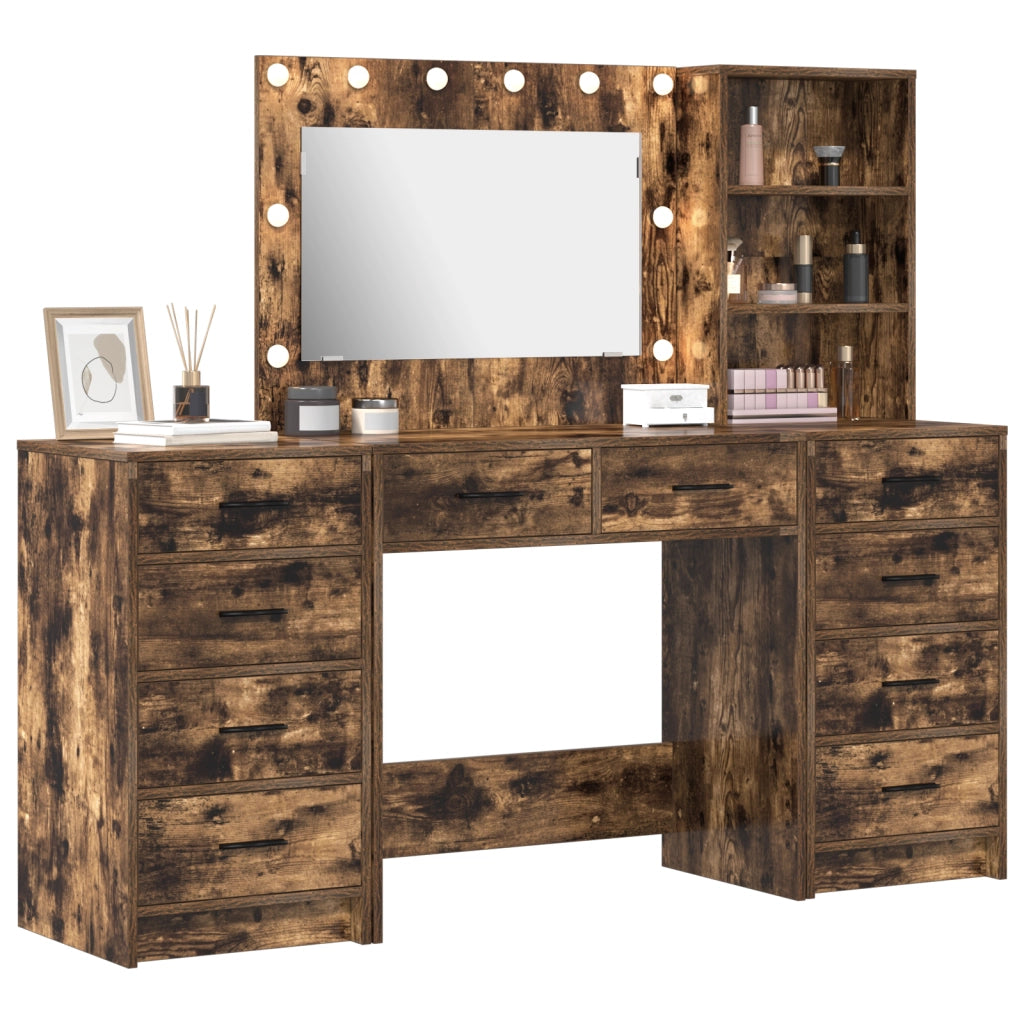 Set da 3 pezzi di toeletta con LED in rovere affumicato, in legno ingegnerizzato