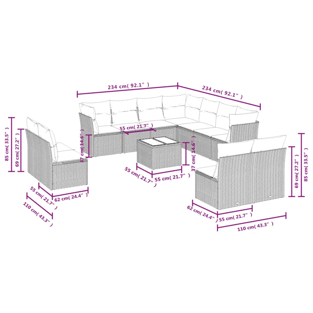 Set Divani da Giardino 12 pz con Cuscini Grigio in Polyrattan