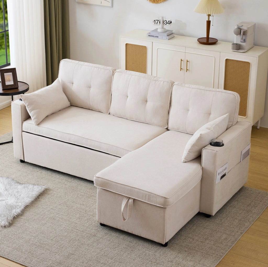 Divano letto angolare con contenitore; chaise longue reversibile; 211x130x86 cm; beige