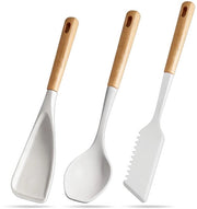 Set di spatole multifunzionali con manico di legno, set di 3 spatole in silicone, lecca lecca per pentole antiaderenti, cucchiaio e spatola per cuocere, mescolare e raschiare (bianco).