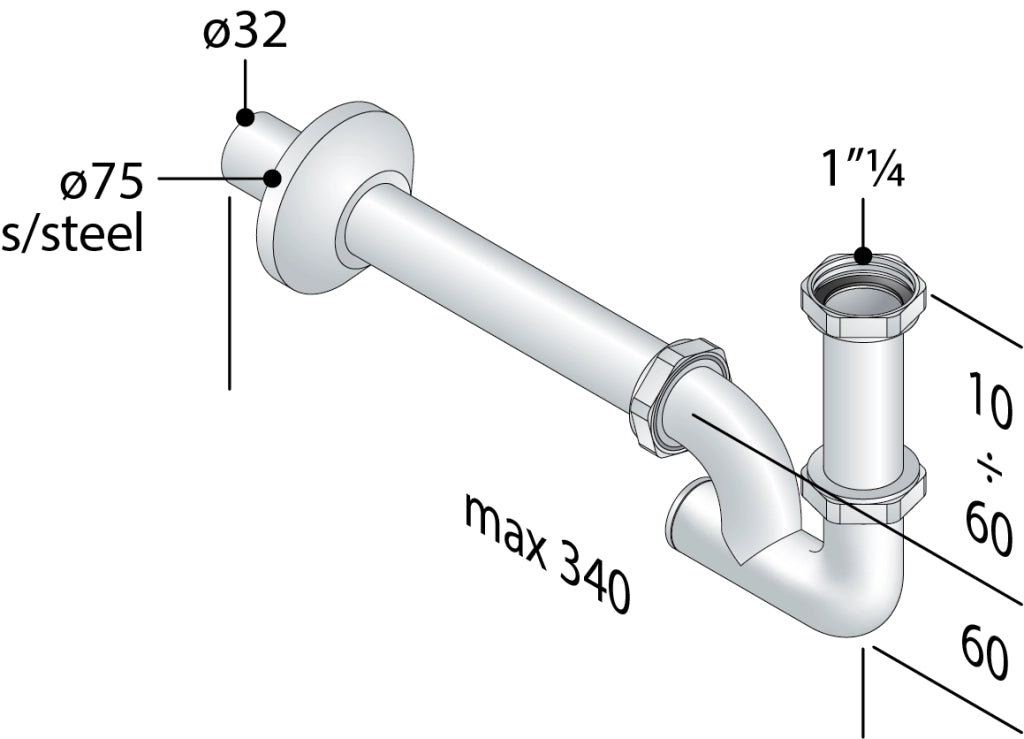 Sifone a colonna in ottone cromato senza piletta per lavabo 1 1/4 x 32 TEA