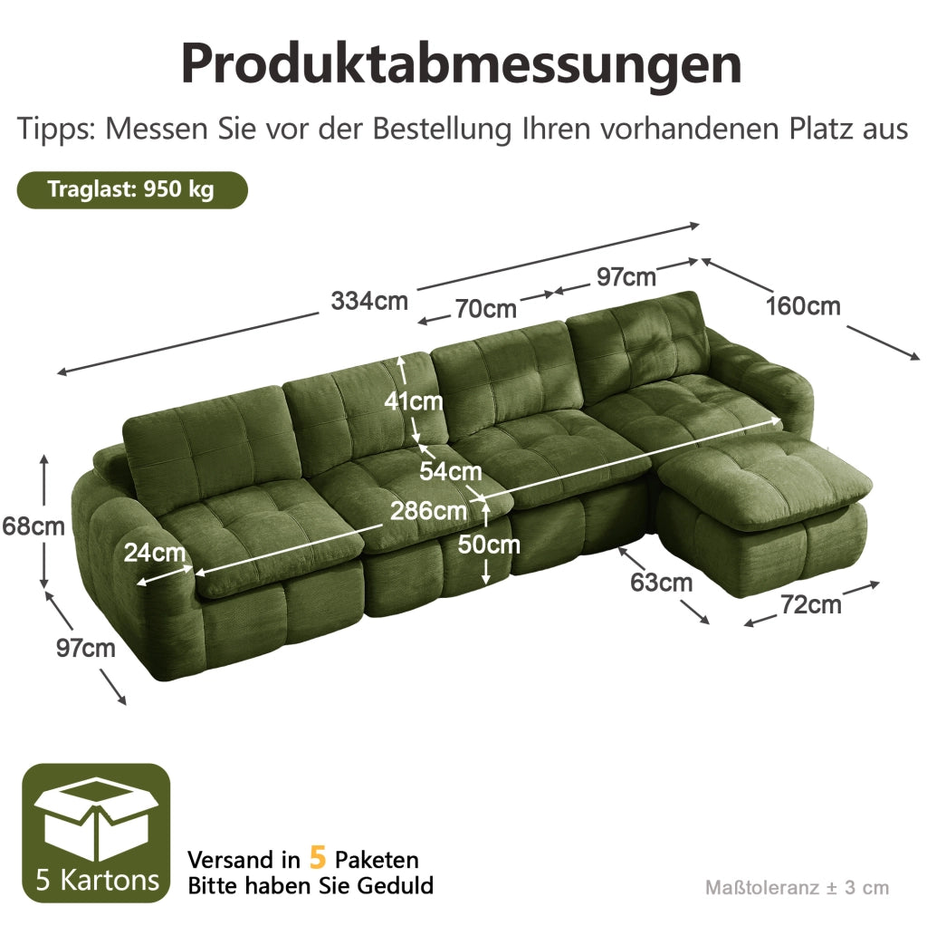 Divano modulare angolare 4 posti con pouf in chenille verde 334x160x68 cm