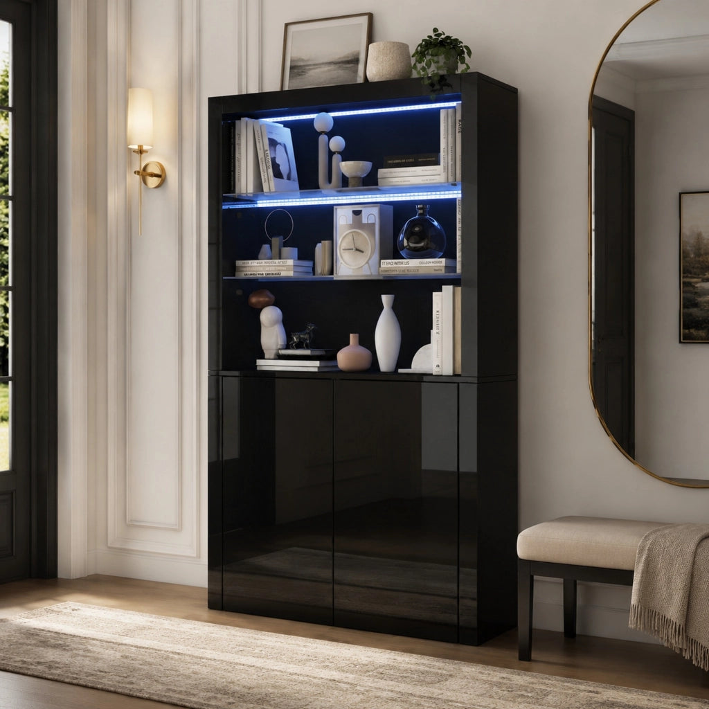 Vetrina 100x35x170 cm nera in MDF e vetro con LED， 2 ante