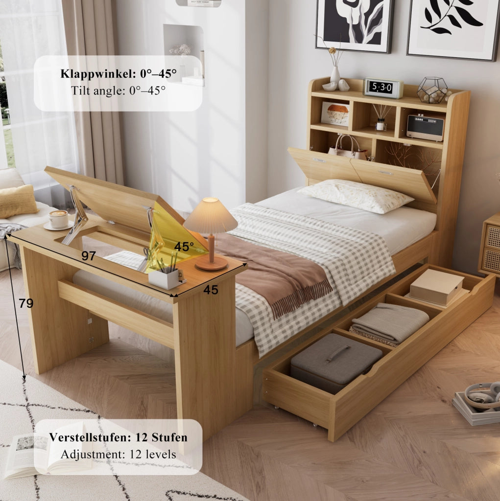 Letto singolo multifunzione con contenitore e tavolino pieghevole