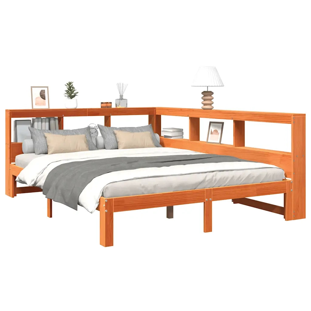 Letto Libreria senza Materasso-Struttura Letto con contenitore Marrone Cera 140x200 cm in Pino 129631