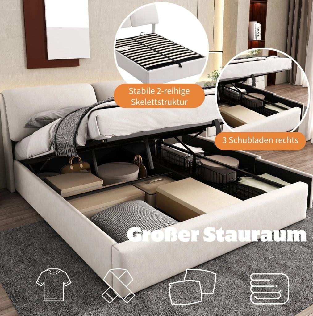 Letto imbottito 140x200 cm in velluto beige con 3 cassetti