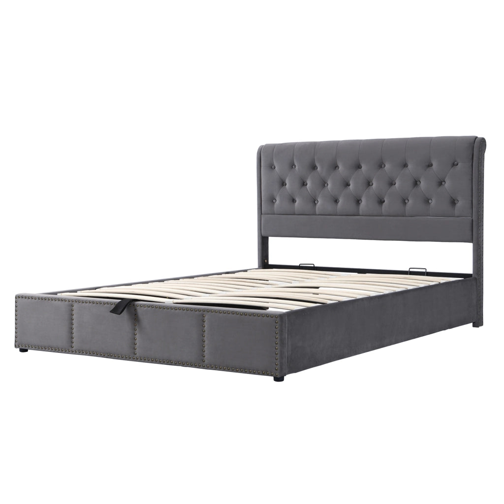 Letto matrimoniale imbottito con contenitore 180x200 cm in velluto grigio; con testiera alta e dettagli a rivetti