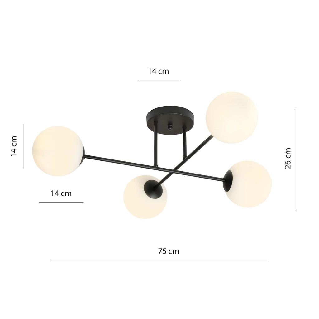Plafoniera Moderna Morrigan 4 Luci In Acciao Nero E Sfere In Vetro Bianco