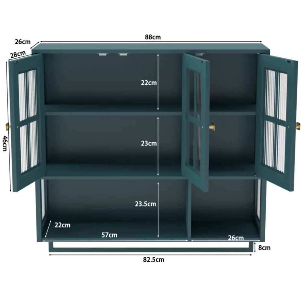 Pensile da bagno a 3 ante con ripiani aperti e chiusi in MDF e vetro temperato verde scuro 88 × 26 × 82,5 cm
