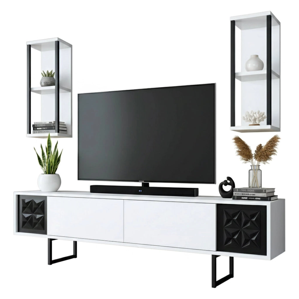 Mobile porta TV Axa, Credenza da soggiorno, Armadio basso per TV, Base parete attrezzata, 180x30h48 cm, Bianco e Nero