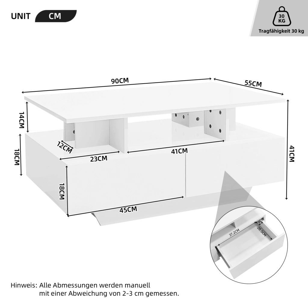 Tavolino da caffè 90x55x41 cm; con illuminazione LED e 2 cassetti; truciolato; bianco