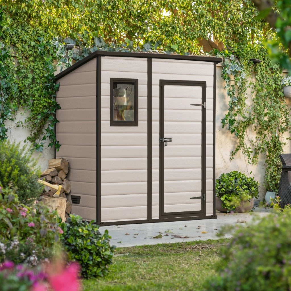 Manor Pent 6x4 - Casetta da Giardino 183,50x200,50x111 cm 1 Anta per deposito attrezzi finitura effetto legno graffiato in Resina Beige