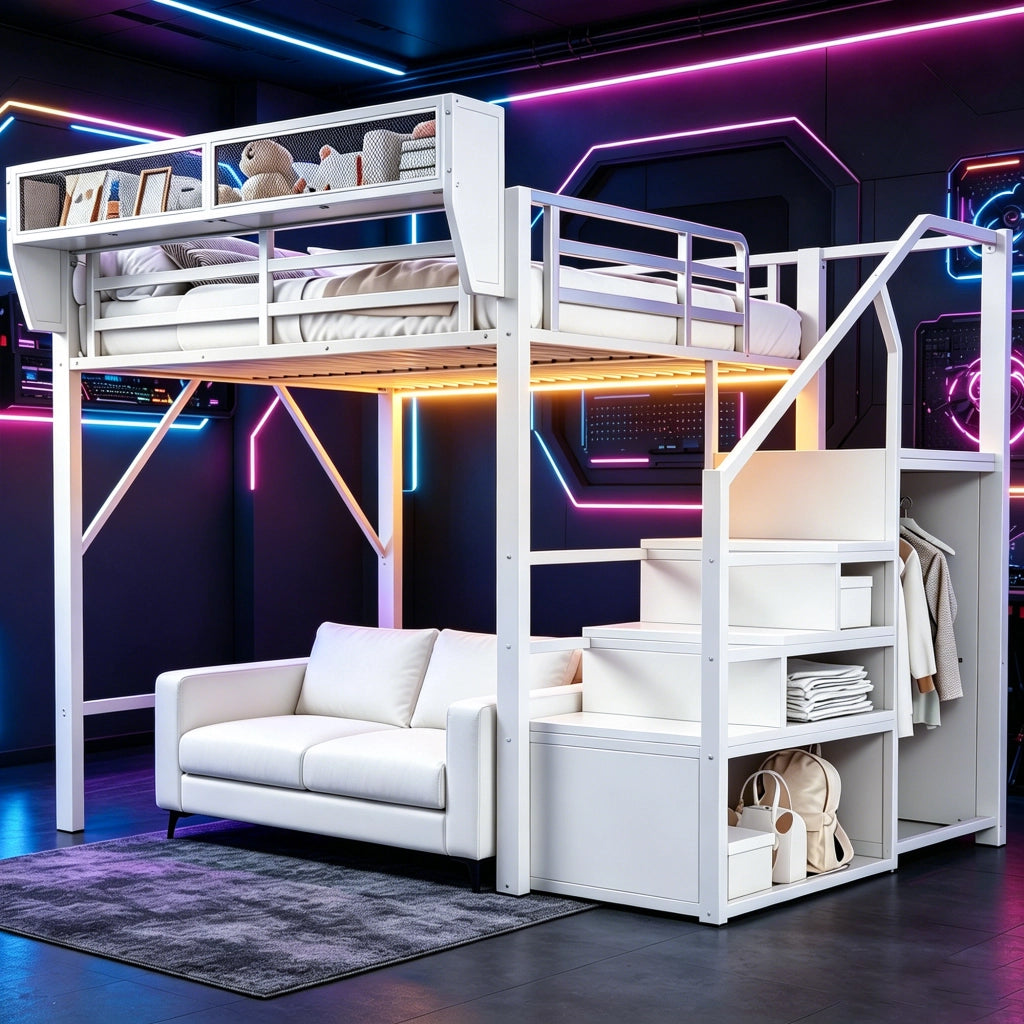 Letto a soppalco 140 × 200 cm con led, scaletta di sicurezza e ripiani, senza materasso, metallo bianco