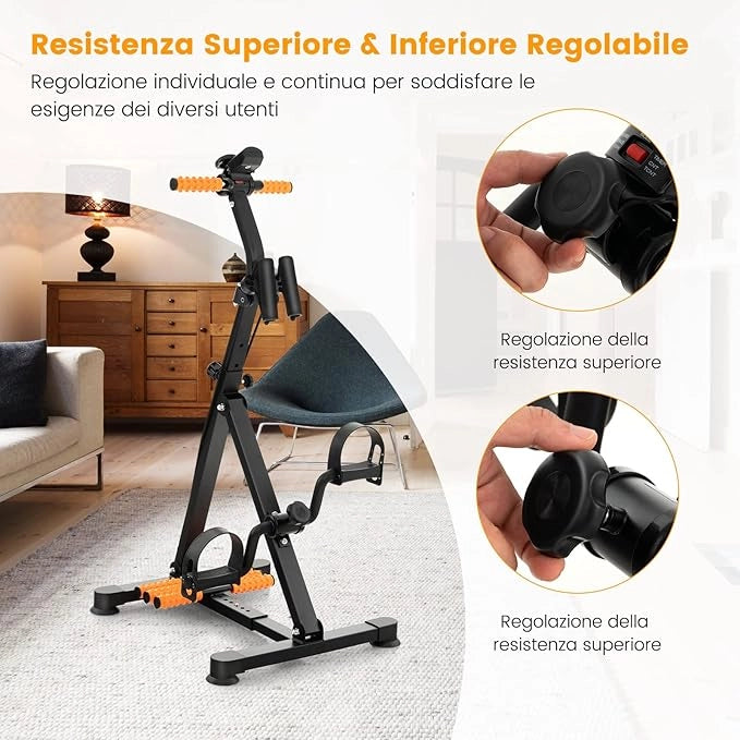Cyclette a Pedali, Macchina per il Fitness per Mani, Braccia, Gambe e Ginocchia con Massaggio e Monitor LCD, Altezza e Lunghezza Regolabili