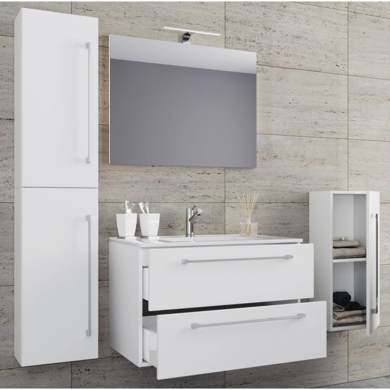 Completo Set bagno 5 pz Mobile sosp 2 casetti con Lavabo XL in ceramica incl 1 Colonna 1 mobile sosp e specchio, Bianco