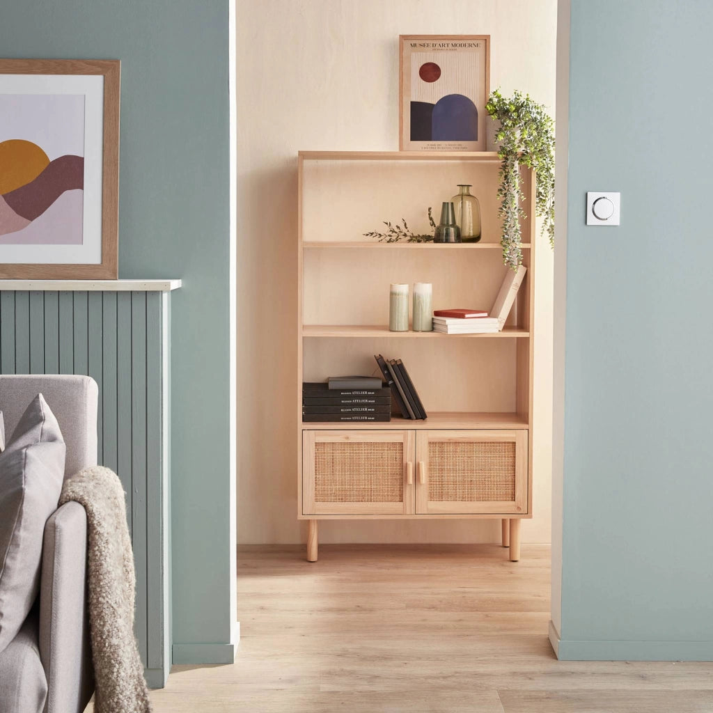 Libreria con canna ed effetto legno, 3 livelli, 2 ante, marrone