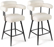 Set di 2 Sgabelli da Bar Girevoli, Sedie Imbottite in Boucle con Schienale, Braccioli Curvi, Gambe in Metallo e Poggiapiedi, Portata 150 kg, per Isola Cucina, Caffè e Pub (Bianco)