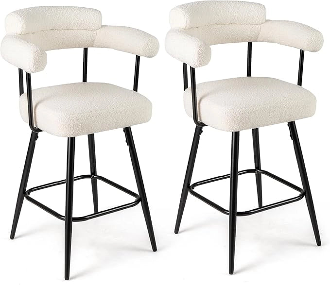Set di 2 Sgabelli da Bar Girevoli, Sedie Imbottite in Boucle con Schienale, Braccioli Curvi, Gambe in Metallo e Poggiapiedi, Portata 150 kg, per Isola Cucina, Caffè e Pub (Bianco)