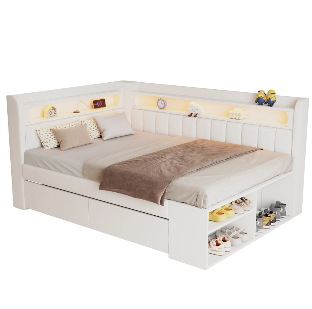 Letto pieghevole imbottito 90x200 cm con LED, USB, due cassetti e scarpiera bianco