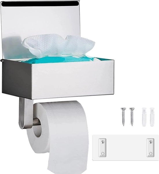 Sostegno per carta igienica con box umidificante - Acciaio inossidabile - Argento - Autoadesivo - Montaggio a parete - Sostegno per carta igienica per cucina e bagno