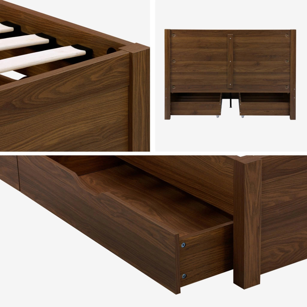 Letto con rete a doghe e testiera 140x190cm + 4 cassetti, noce
