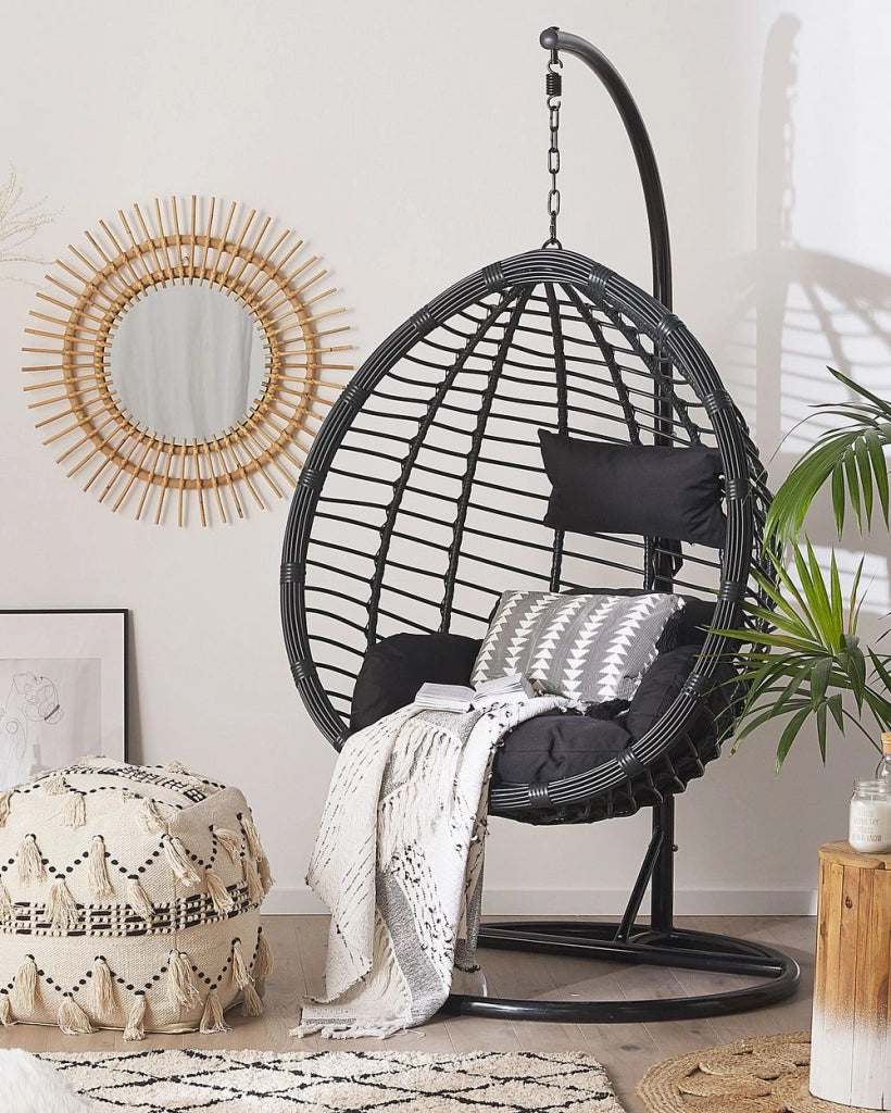Sedia sospesa poltrona pensile in rattan Nero con struttura in metallo per interni ed esterni a forma di uovo moderna Boho
