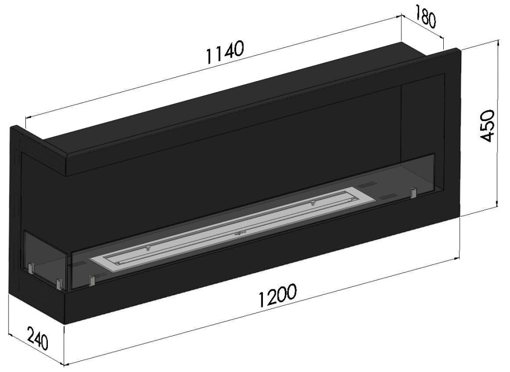 Camino a Bioetanolo da Incasso 120x45 cm Corner 1200 Left Sinistro Nero con Vetro