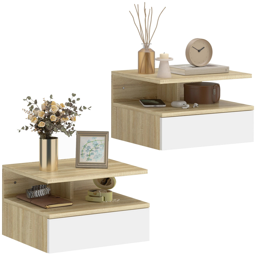Comodino sospeso bianco e rovere ¨C Xylo ¨C Set 2 pezzi con cassetto 35x32x22,5cm