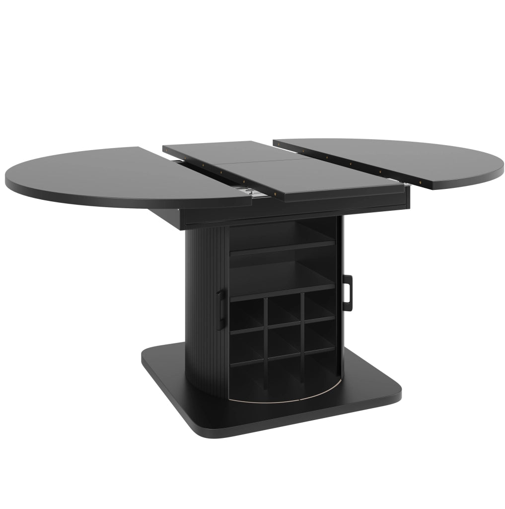 Tavolo da pranzo allungabile con contenitore, piano MDF nero, ripiani estraibili e portabicchieri