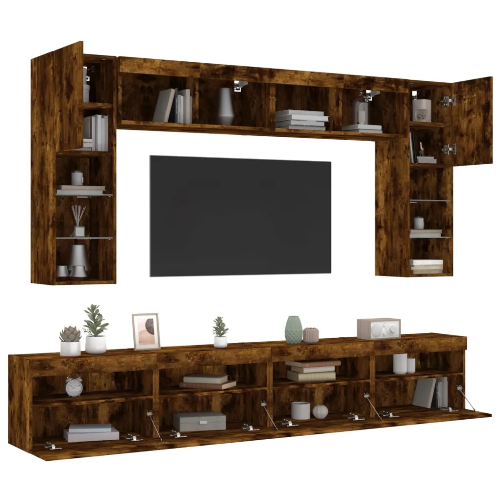 Set Mobili TV a Muro 8 pz con Luci LED Rovere Fumo