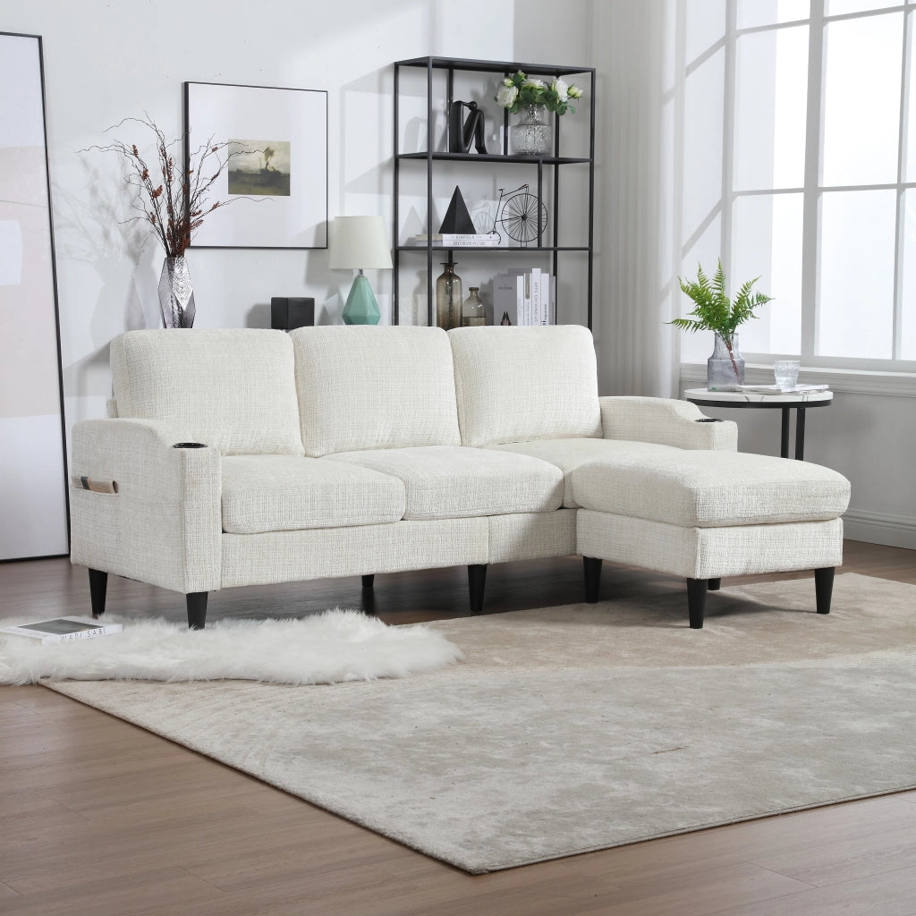 Divano modulare 4 Posti con Vano Contenitore, Portabicchieri e Tasche laterali, in Ciniglia Beige 196.5 × 75 × 77 cm