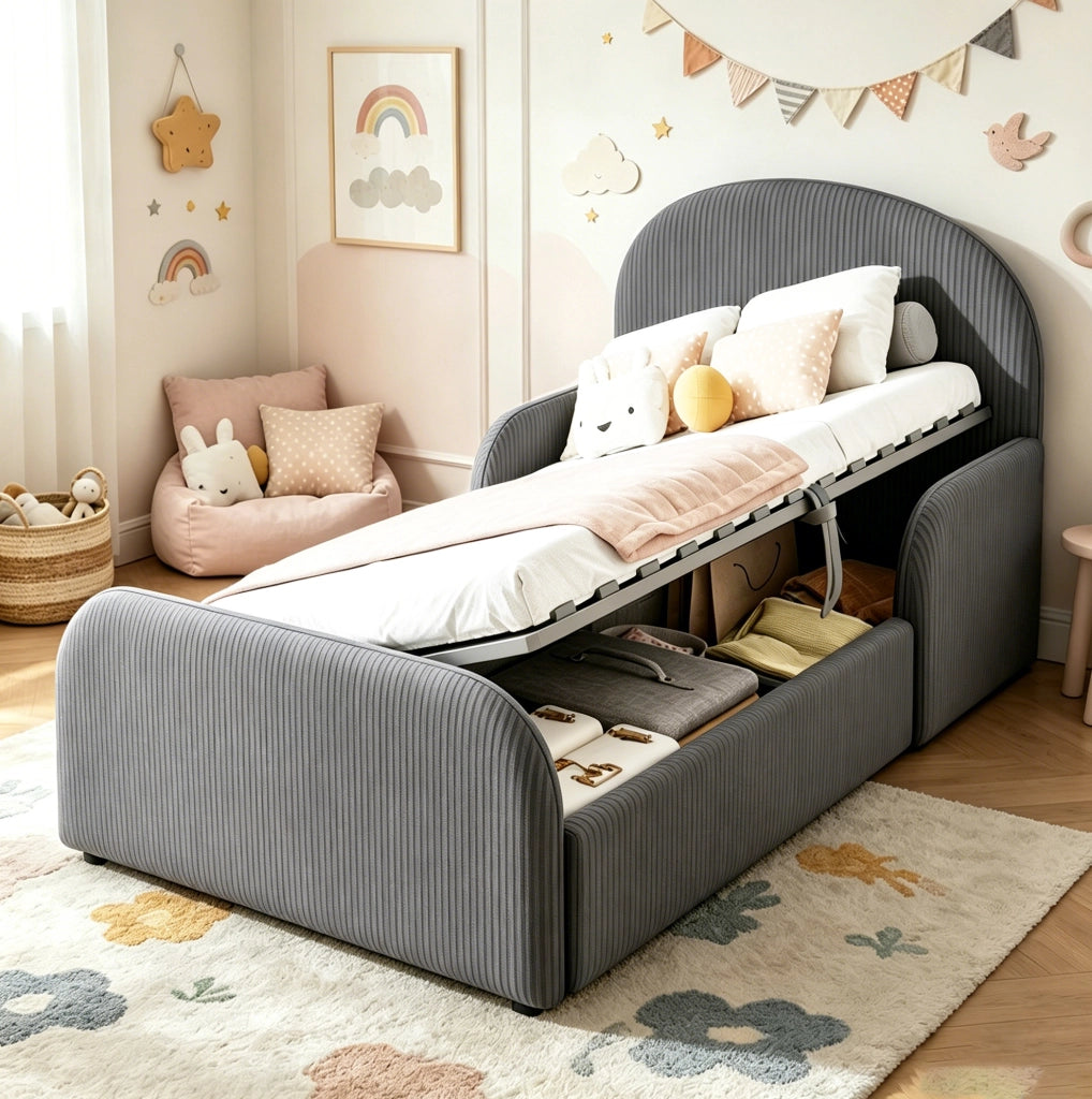 Letto imbottito per bambini 90x200 cm con contenitore grigio