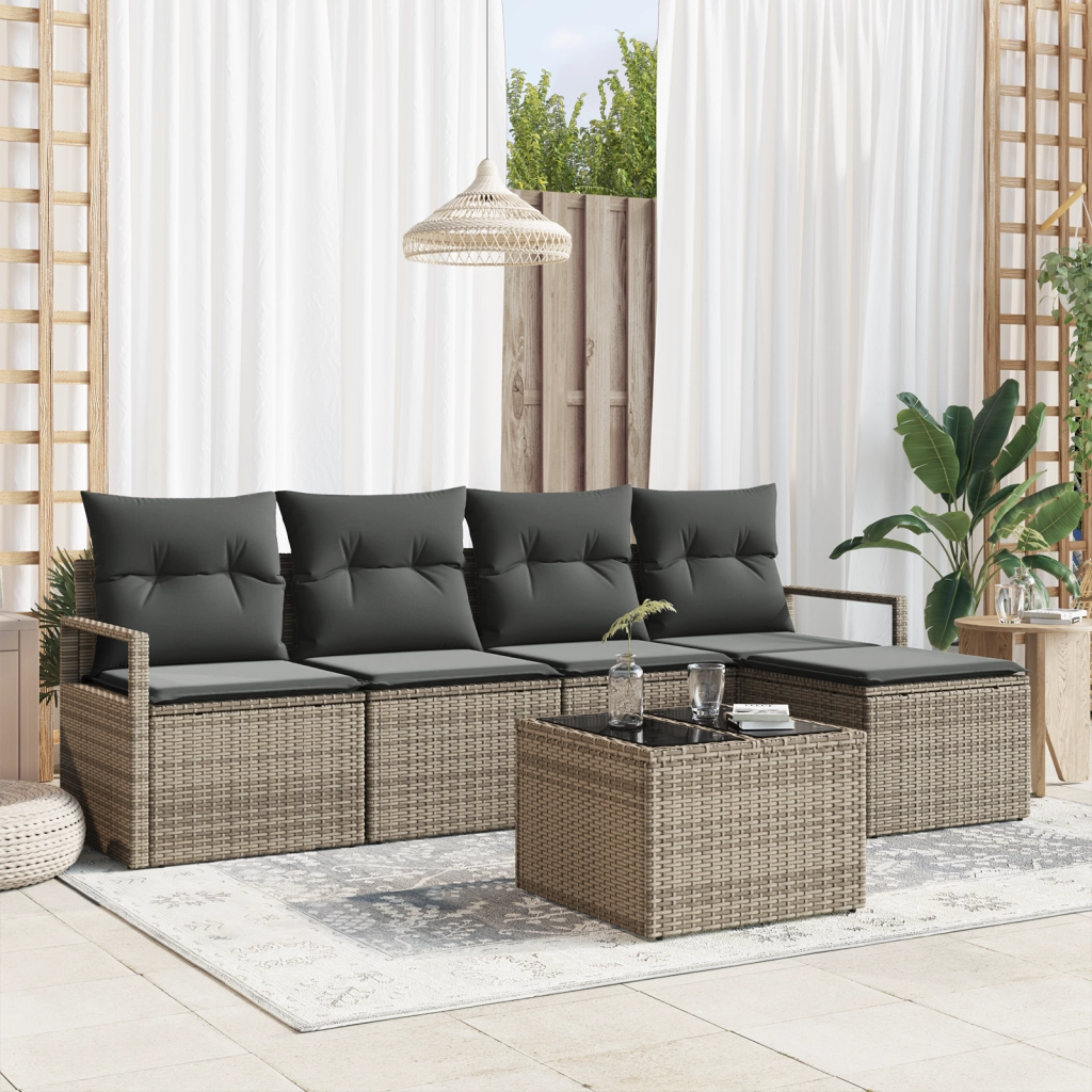 Set di divani da giardino a 5 pezzi con cuscini in polirattan nero