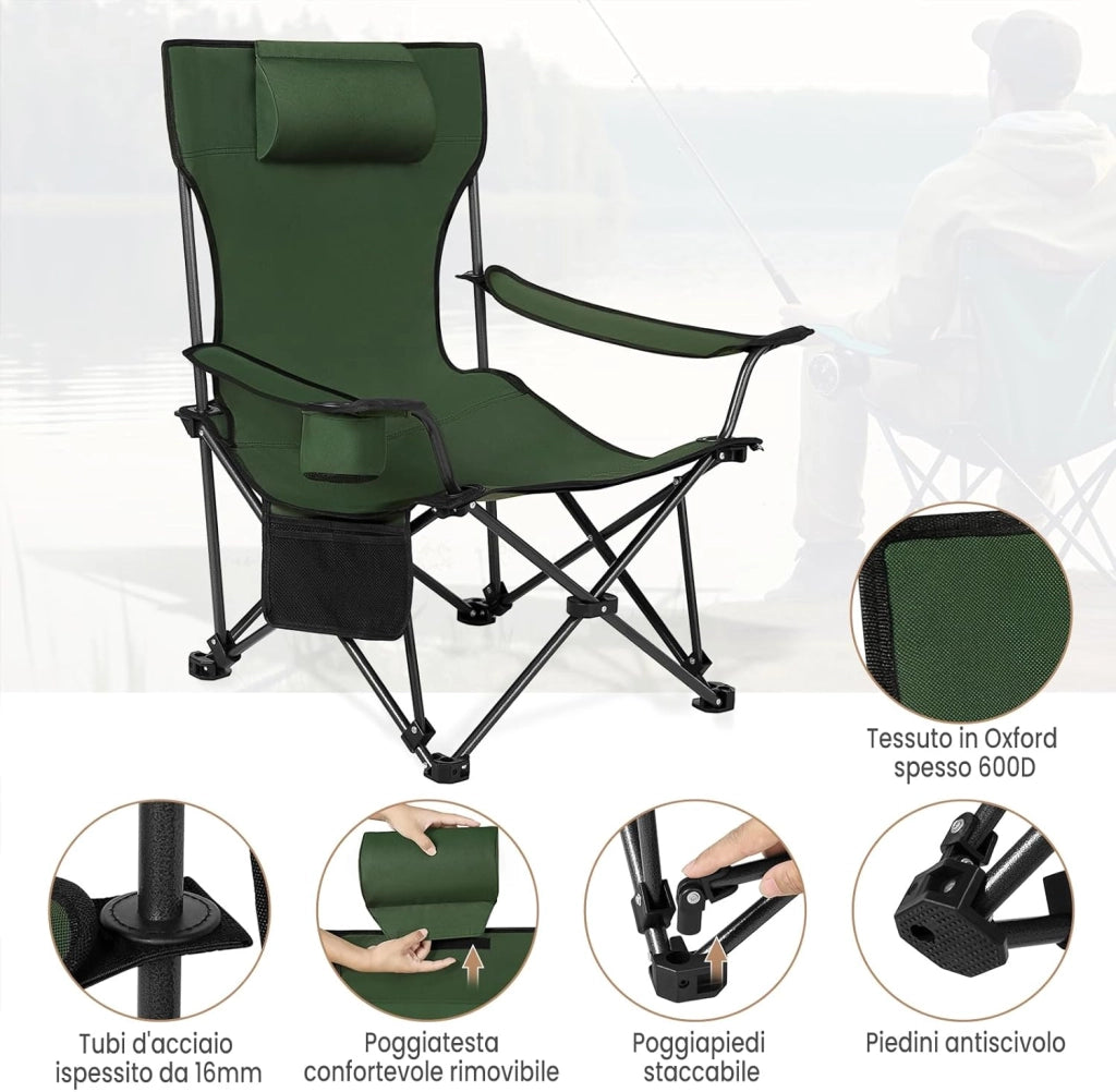 Set di 2 Sedia da Campeggio Portatile Reclinabile, Sedia Pieghevole Esterno con Poggiapiedi, Poggiatesta e Borsa da Trasporto, per Pesca, Giardino, Verde