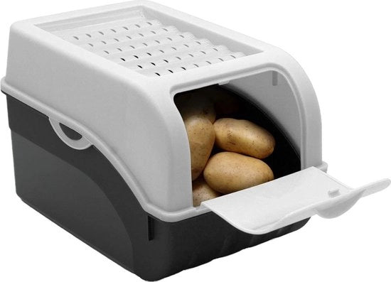 Set di 2 Cassetti per Verdure e Patate Stacking con Coperchio – per Patate, Cipolle e Frutta – Capacità 4 kg – Circolazione dell'Aria per Maggiore Durata di Freschezza – 6 Etichette Riciclabili – 29x19x19 cm