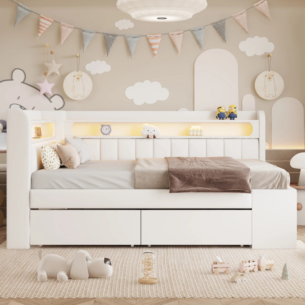 Letto imbottito 90x200 cm bianco con LED 7 colori, USB, 2 cassetti e scarpiera
