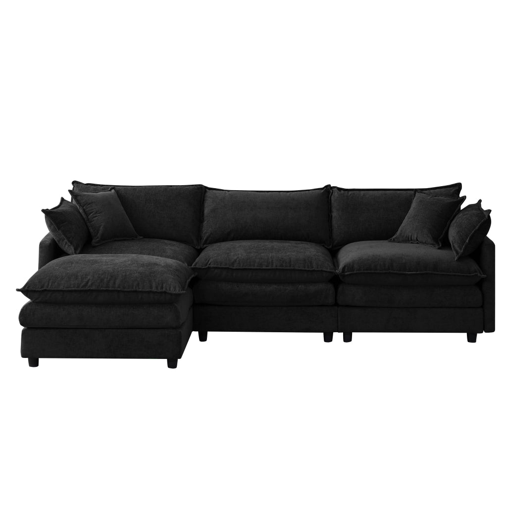 Divano angolare modulare 3 posti con pouf mobile e cuscini sfoderabili per soggiorno in chenille nero