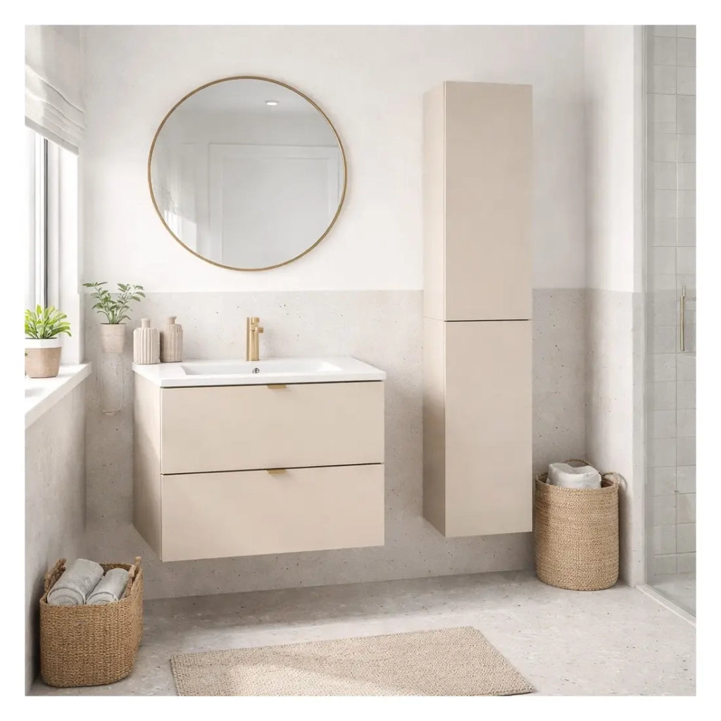 Set da bagno BELLA: mobile sottolavabo 60cm + lavabo incassato bianco + colonna contenitore