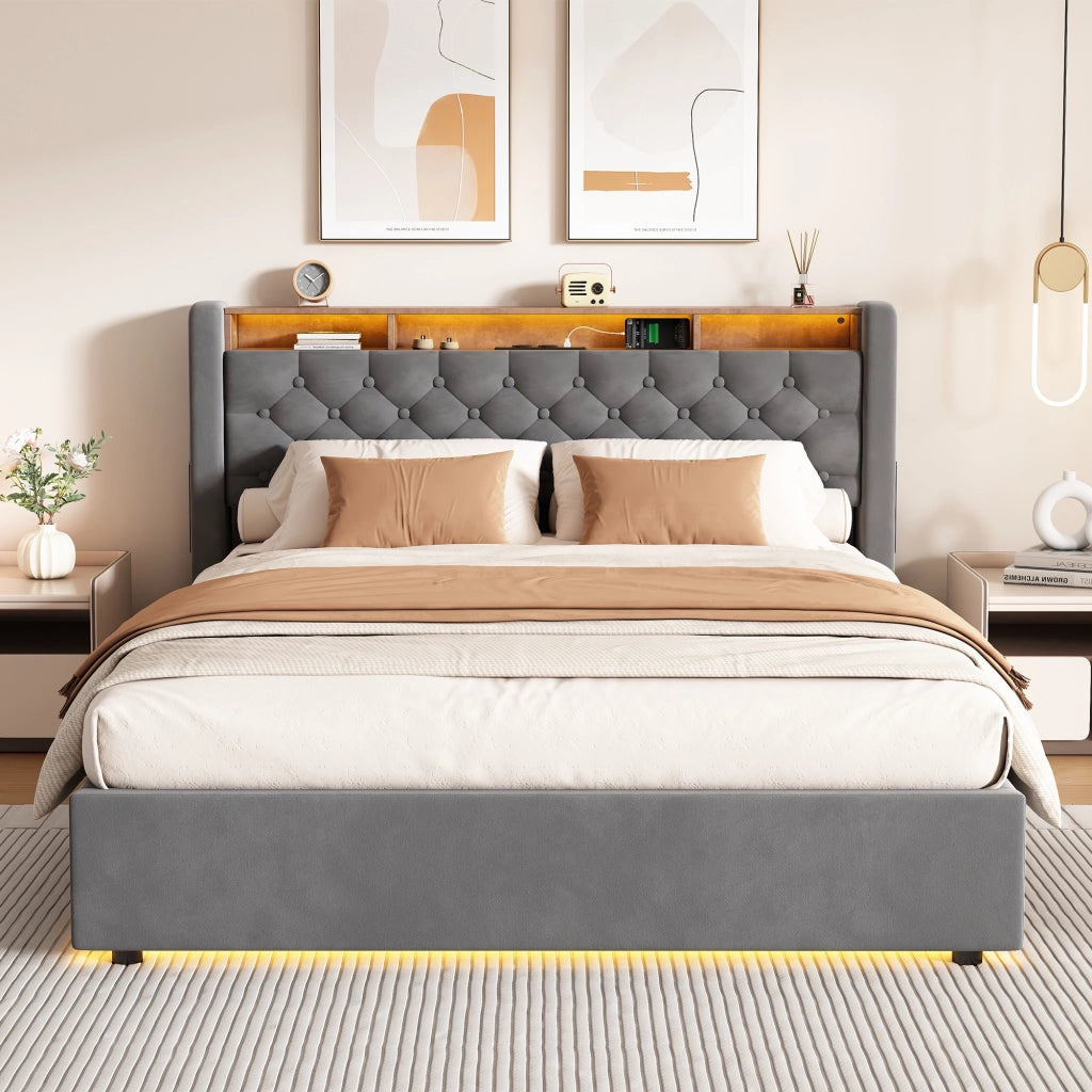 LETTO Imbottito 140 x 200 cm in Velluto Grigio con LED, USB e Contenitore