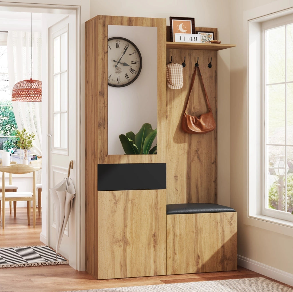 Mobile da ingresso 98，5x38x191 cm in MDF nero e legno con specchio