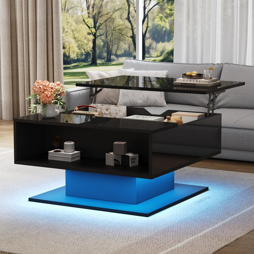 Tavolino da caffè 80x75x40 cm sollevabile con vano portaoggetti e LED in truciolato nero