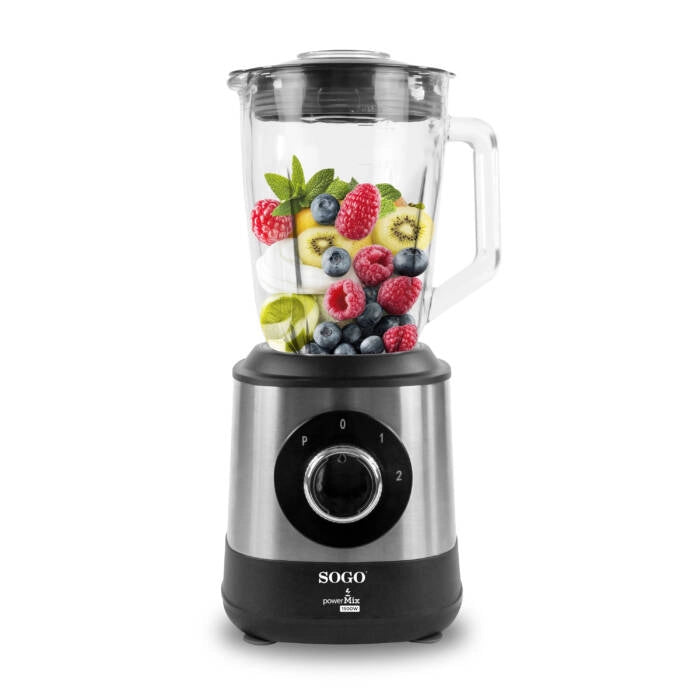 Frullatore da cucina 1500W con bicchiere vetro 1,5L, 2 velocità e funzione tritaghiaccio per frullati e smoothie - Sogo