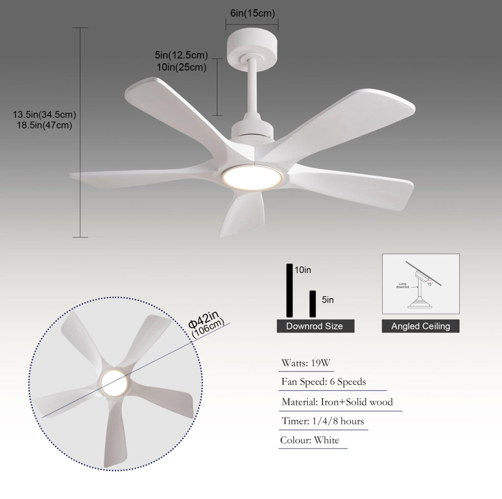 Ventilatore da soffitto bianco 42 pollici con luce LED dimmerabile; 6 velocità; legno e metallo