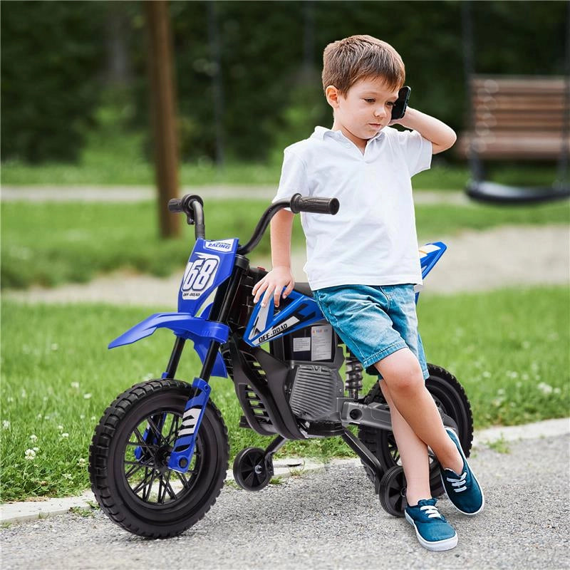 MOTO ELETTRICA PER BAMBINI CON ROTELLE RIMOVIBILI, SOSPENSIONI, SUONI E INDICATORE DI CARICA, BLU