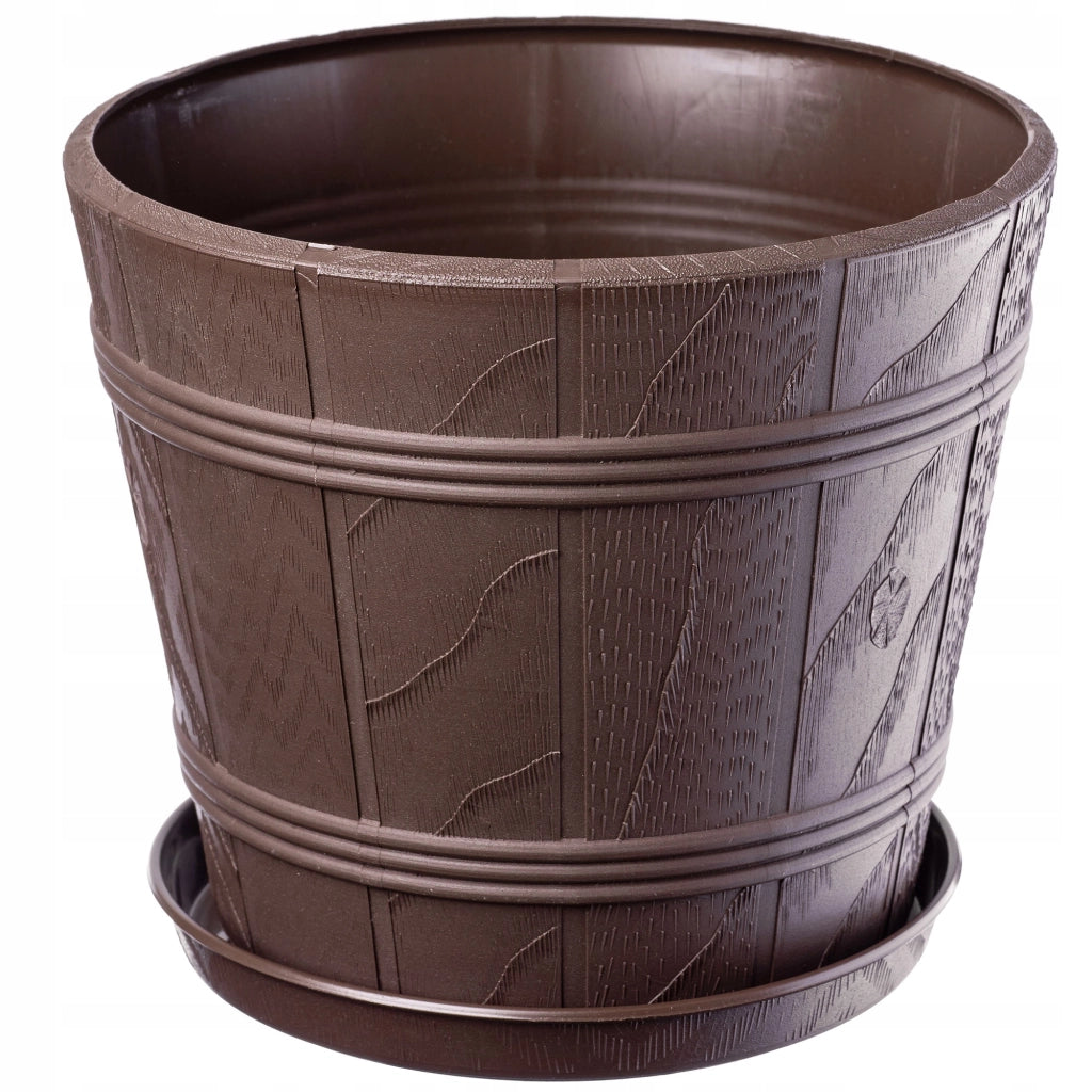 Vaso da fiori KADAX da 26 cm con coperchio effetto legno e supporto in plastica.