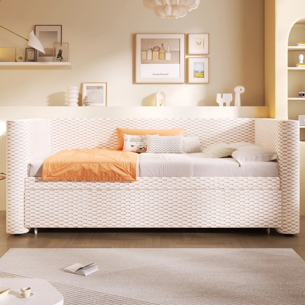 Letto salvaspazio matrimoniale 90×200 cm e 180×200 cm con LED; MDF e velluto; senza materasso; beige