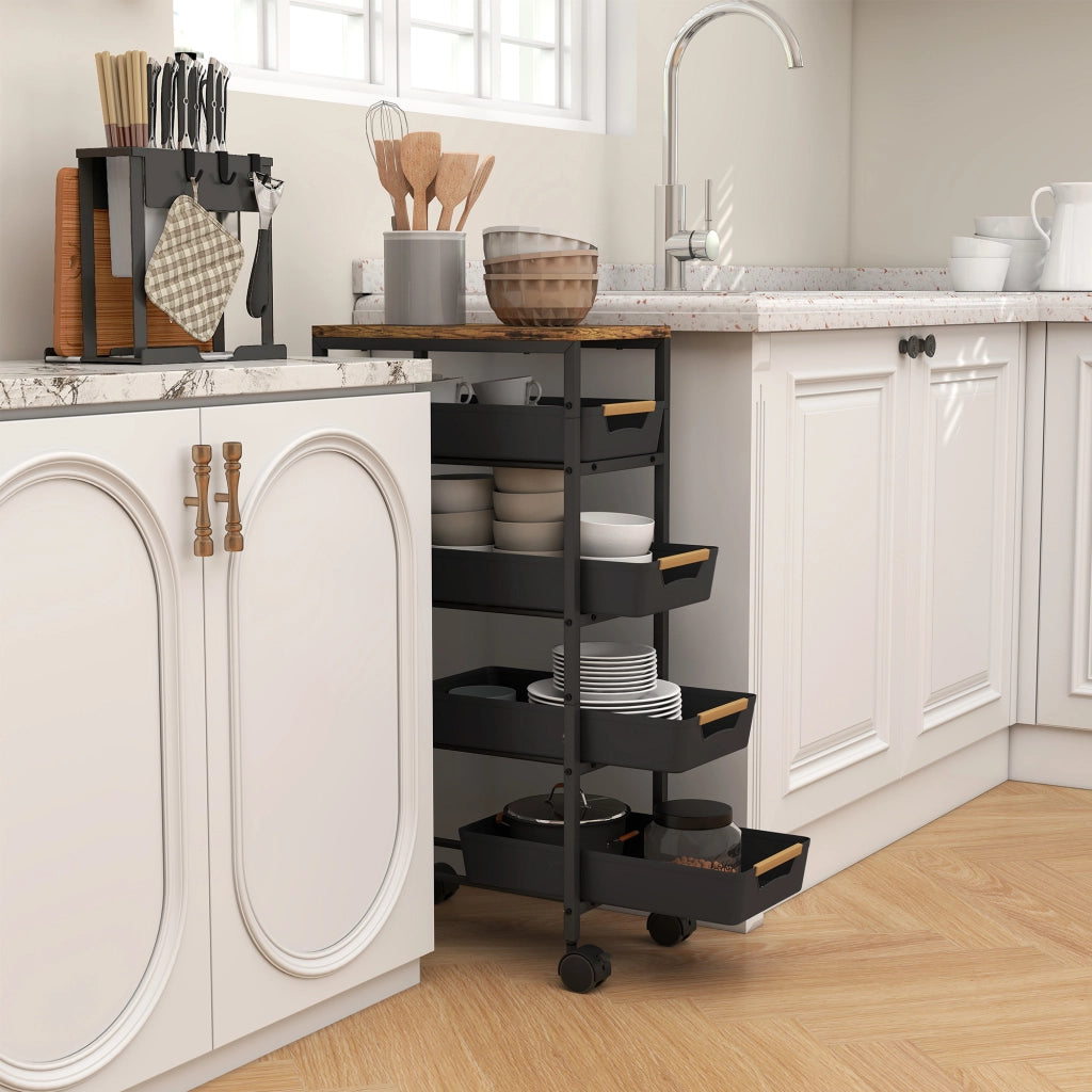 Carro da cucina con cassetti e ruote ¨C Zephmum ¨C Nero eff. legno 39.5x24x82 cm