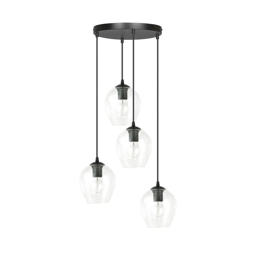 Lampadario 4 Luci Fuxi Base Tonda In Acciaio Nero E Vetri Trasparente